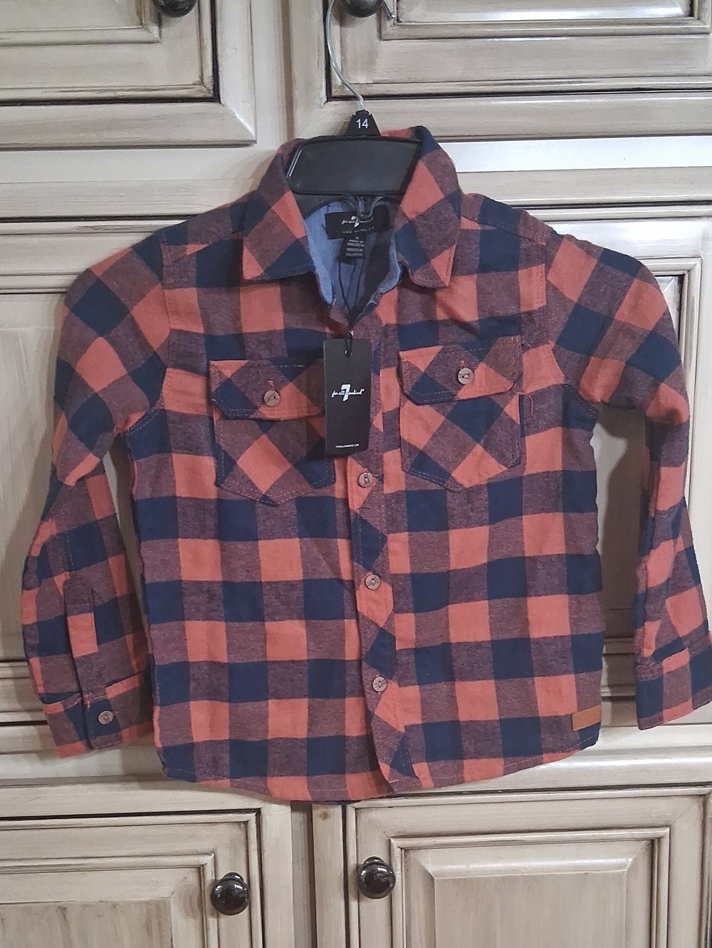 7 For All Mankind Orange and Navy Plaid Button-Down Shirt Size S